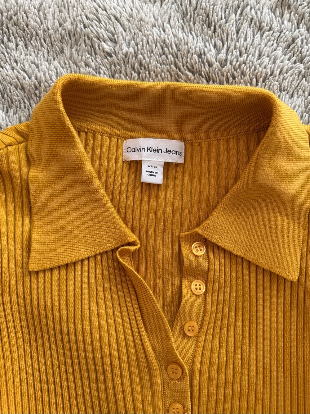 Calvin Klein Long-Sleeve Ribbed Polo Top - Mustard Yellow - Picture 3 of 3